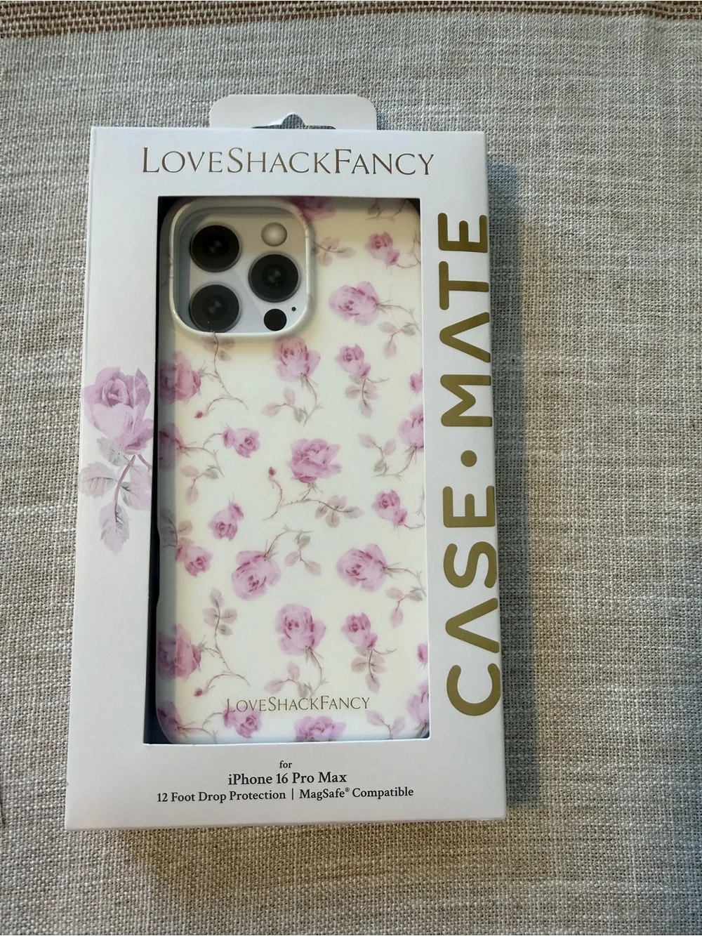 LoveShackFancy Cream Case with Pink Floral Print for iPhone 16 Pro Max